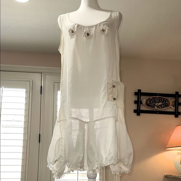 Unbranded Dresses & Skirts - Boho Creme Sleeveless Dress L Floral Appliqué Balloon Hem Milkmaid Lagenlook